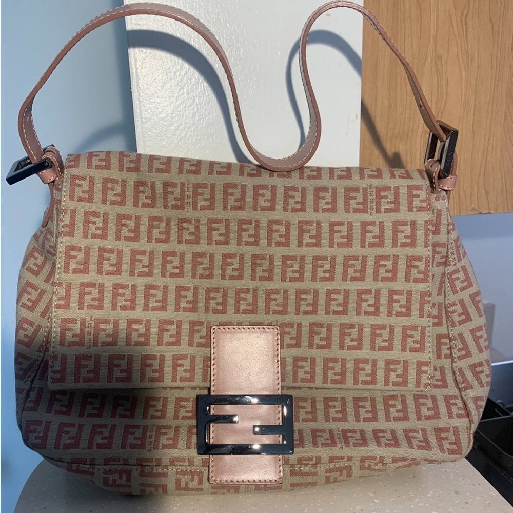 Authentic Fendi Mamma Zucca Baguette Pink/Beige Purse